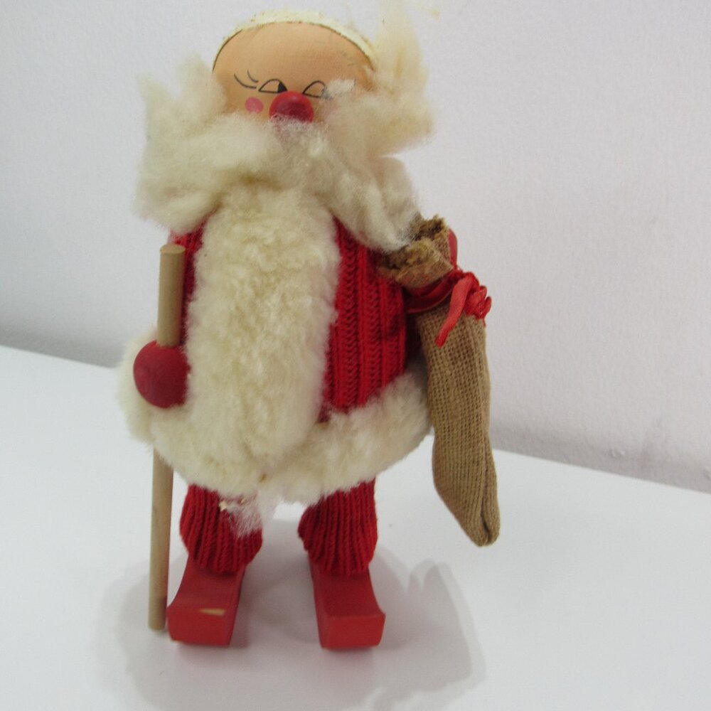 Vintage Handmade Sweden Wooden Santa Claus Christmas Figurine Knit Suit Ski 10''